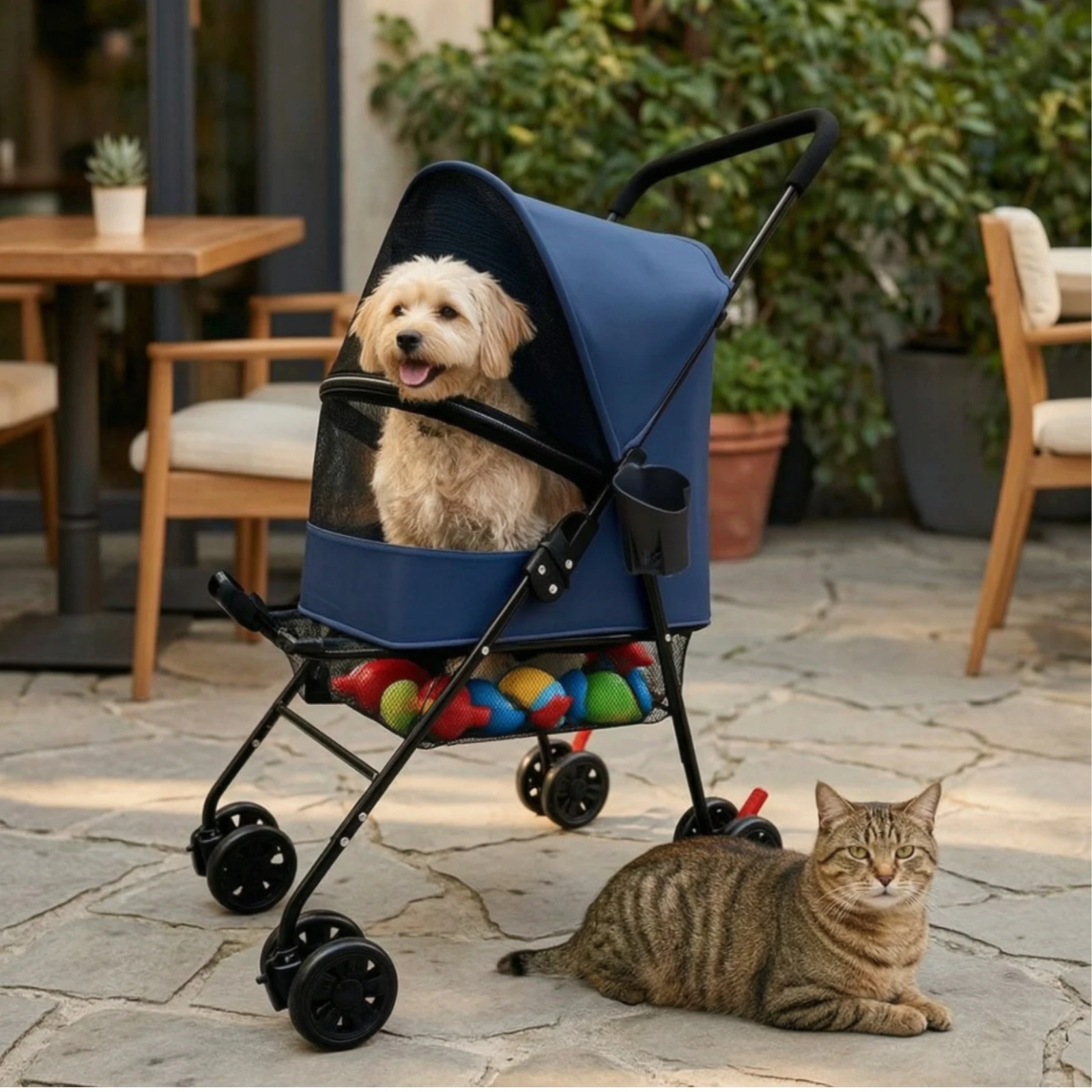 Pet Stroller with Cup Holder Long-Lasting Foldable Pet Stroller Water-Resistant Collapsible for Dogs, Daily Walks, Outdoor
