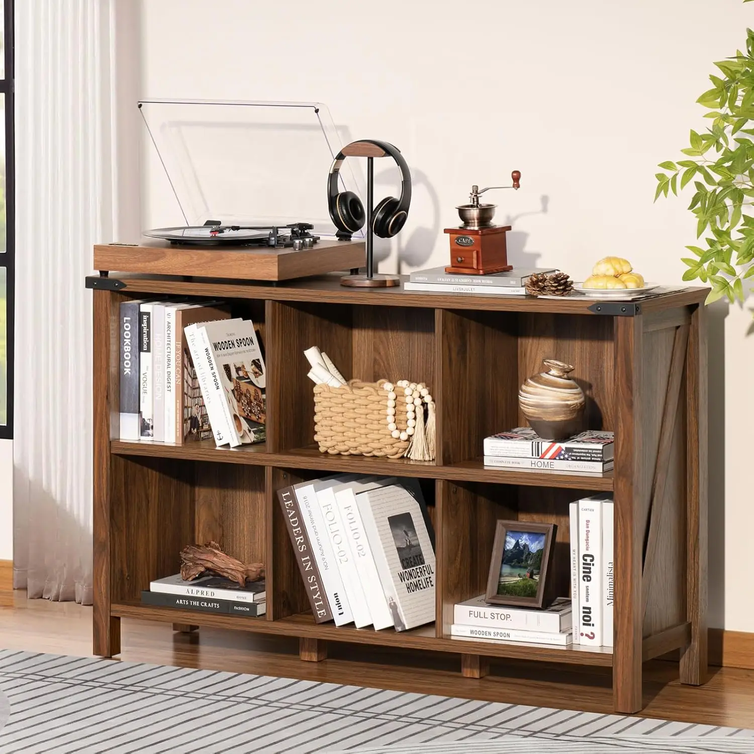 6 Cube Book Shelf, Wood 3 Tier Storage Organizer Bookshelf, Brown Walnut 47