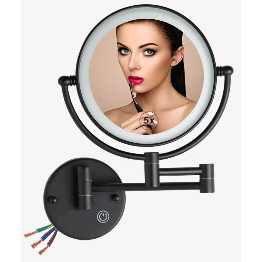 

Wired Make up Mirror Magnifying Lighted Black Wall Mounted, 8 1X 5X DoubleSided 360 Swivel Extendable Arm Bathroom Makeup Mirror