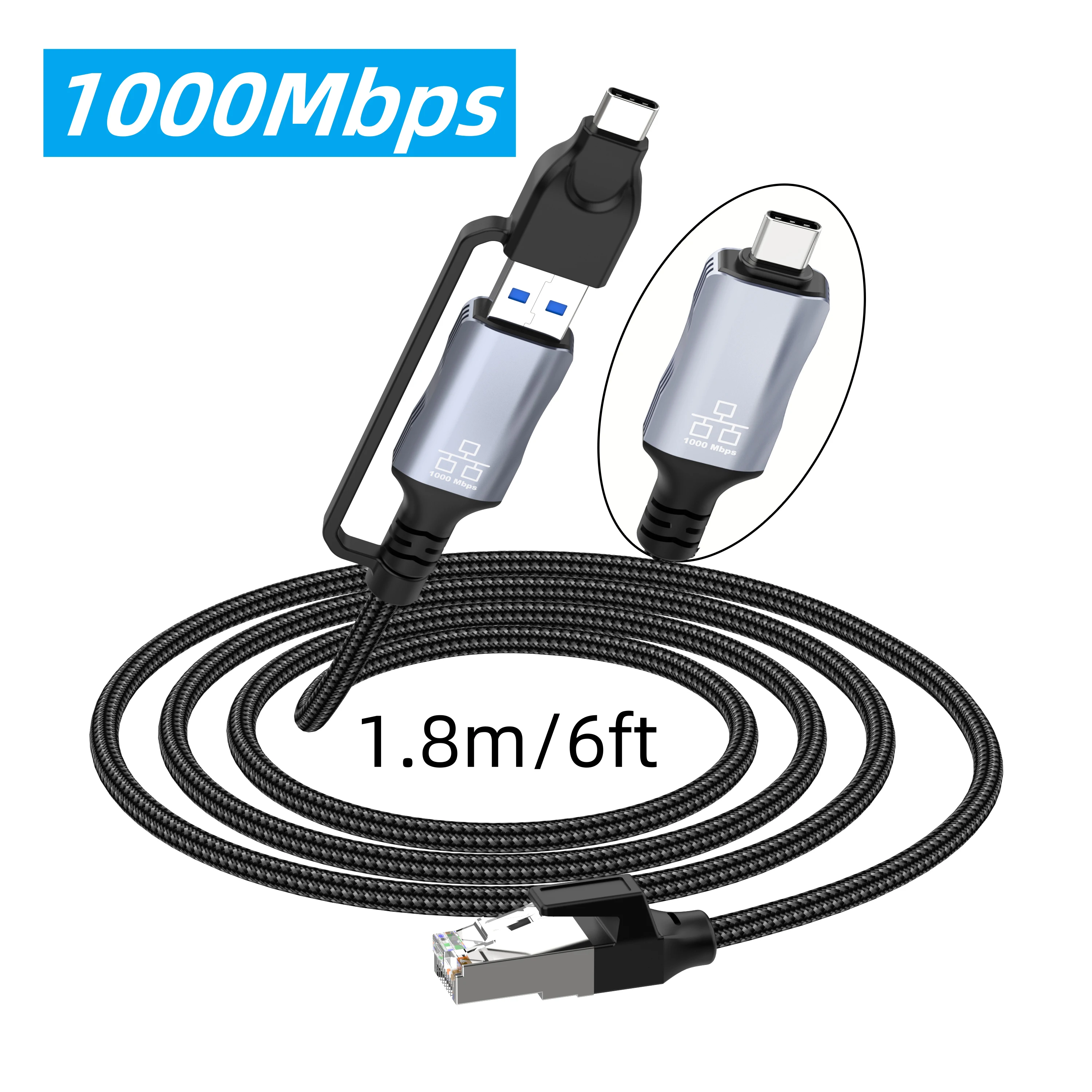 1.8m/6ft USB Type C to RJ45 Gigabit Ethernet Adapter Nylon Braided Cord High Speed for Macbook Pro/Air, Laptops & Mobile Phones