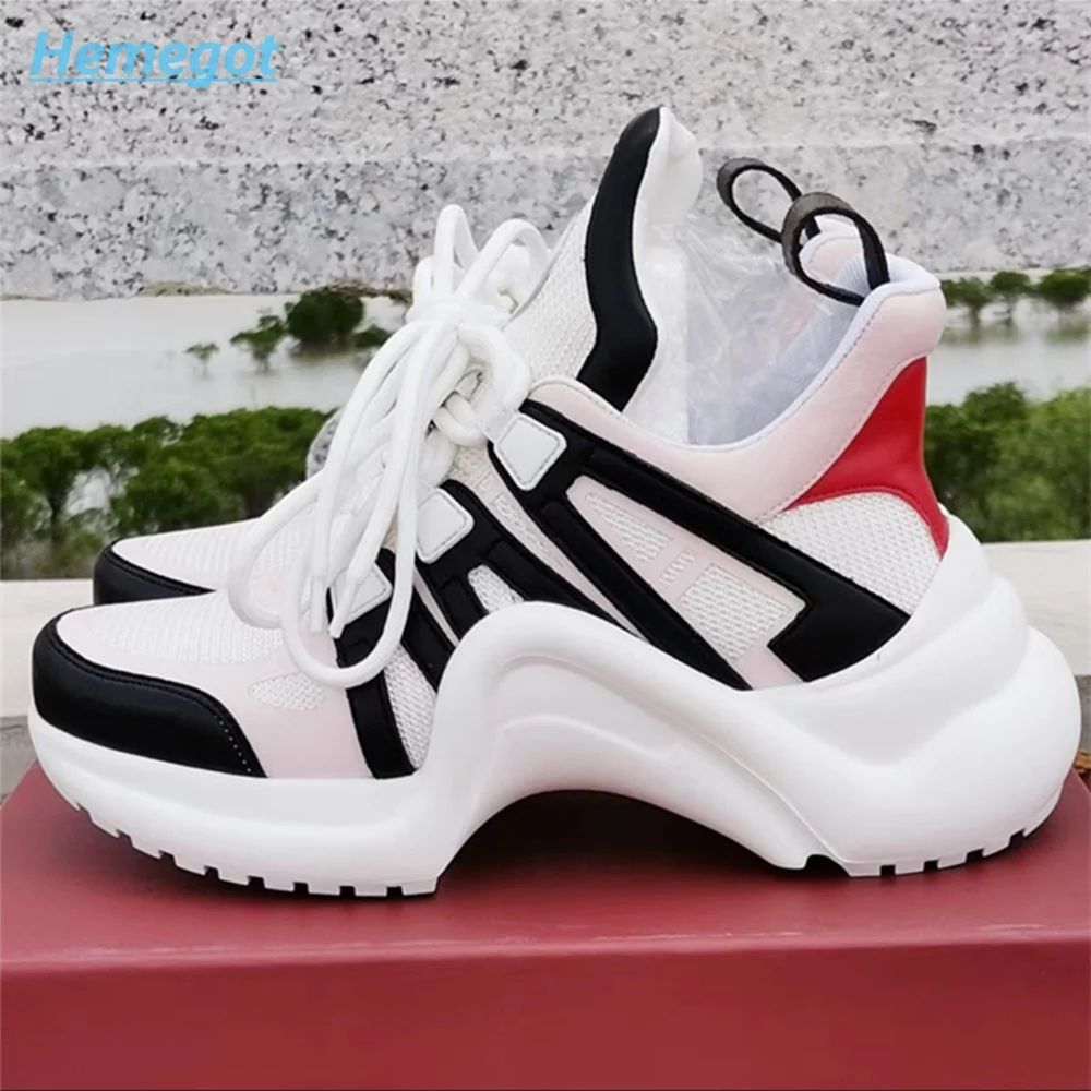 Mixed Colors Dad Shoes Sneakers Lace-Up Real Leather Round Toe Strange Sole Fashion Women Shoes Sports Casual 2022 New Arrivals