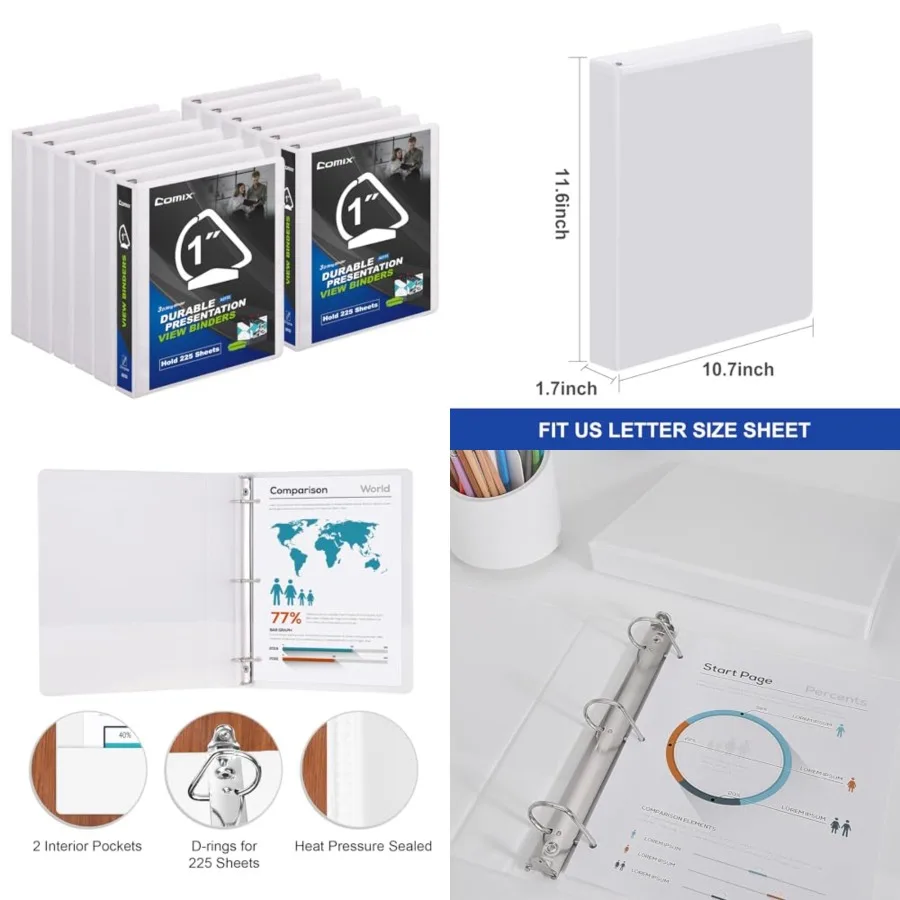 

D-Ring Basic View Binder 1 inch 3 Ring Binders, 2.4mm-Thick, Hold 225 Sheets of 8.5" x 11" Paper