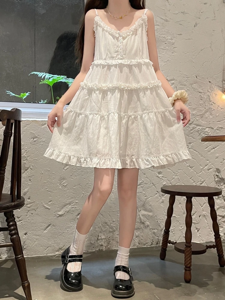 Summer Beach Tie Waist Sweet A-Line Strap Dr Women's Summer Vest Dr White Dr Cotton Gauze High Waist Button Detail