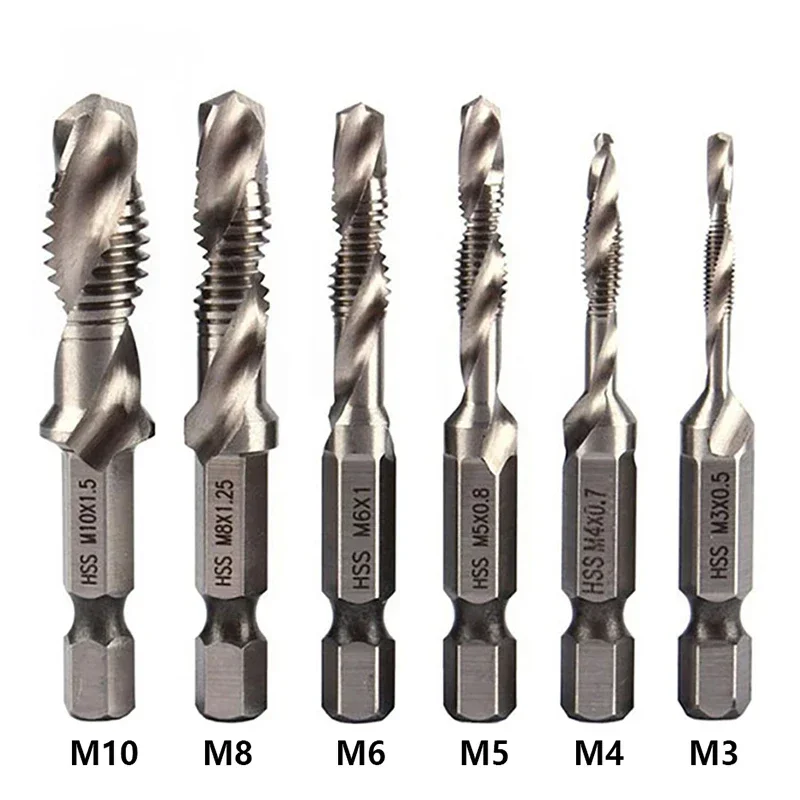 1-6PCS Tap Drill Titanium Plated Hex Shank HSS Screw Thread Metric Tap Bits Screw Machine Compound M3 M4 M5 M6 M8 M10 Hand Tools