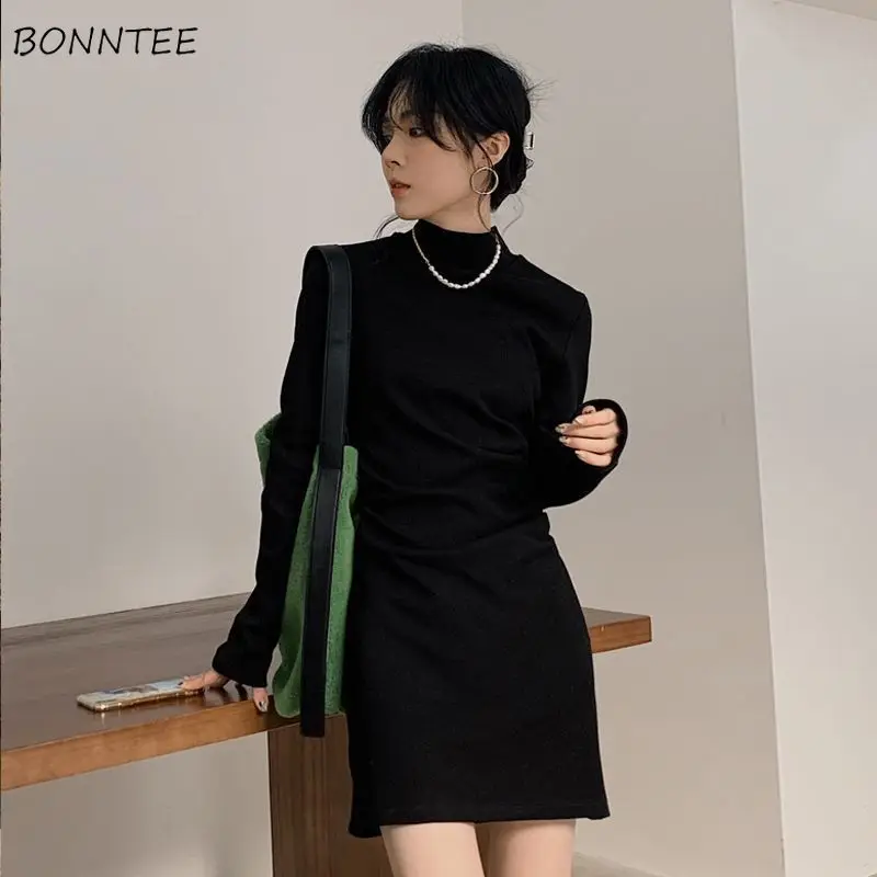 

Sexy Mini Dress for Women Simple Half High Collar Elegant Fashion Office Lady Casual High Waist Solid All-match Vestidos Mujer