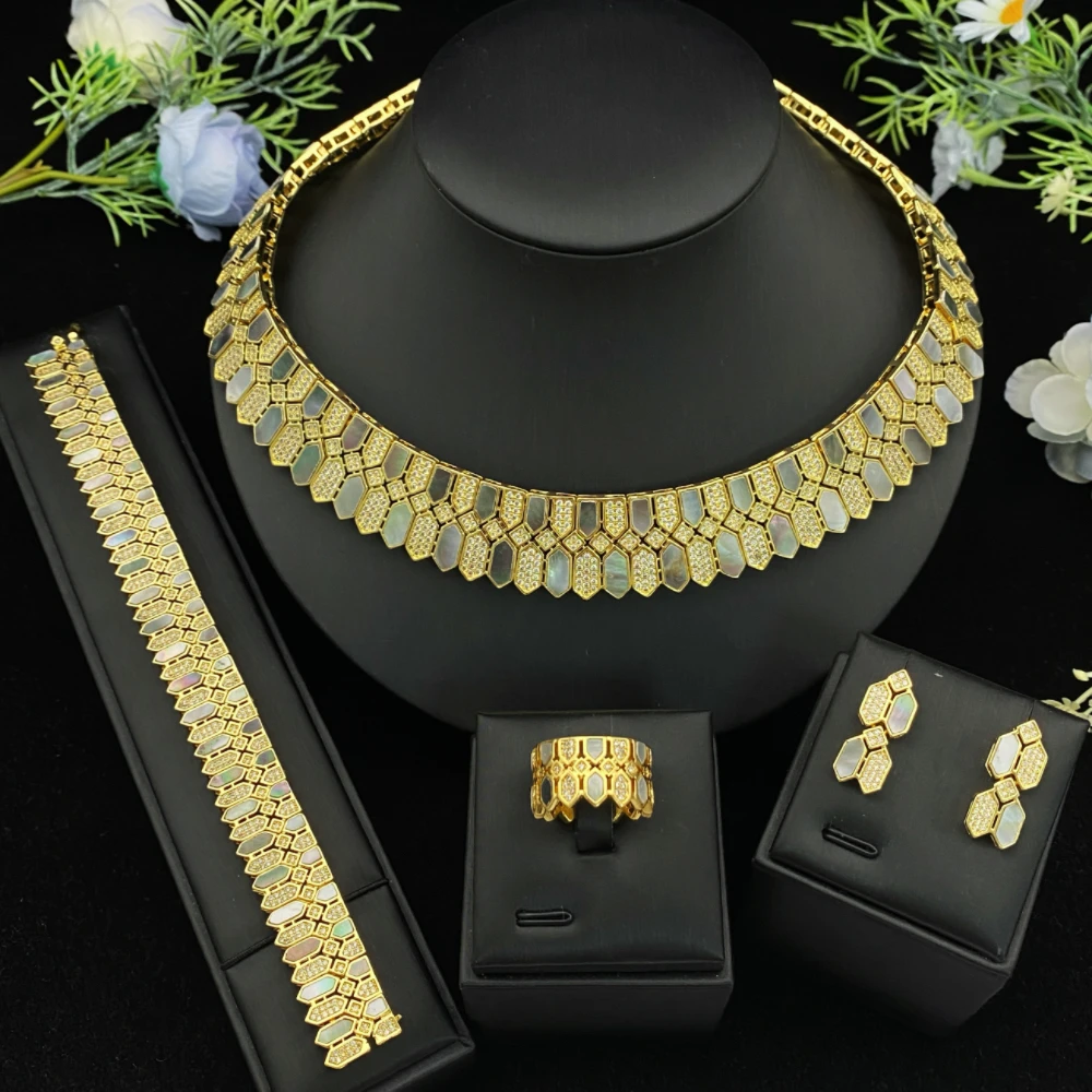 

JRH Gold Plated Copper Jewelry Set Shell Inlay Saudi Arabia Bridal Necklace Bangle Ring Earring High-End Wedding Party