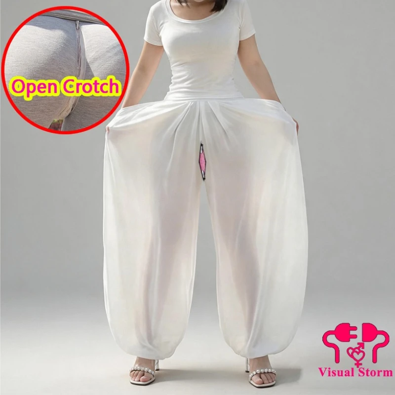 Women See Through Sexy Open Crotch Leggings Super Loose Korean Capris Fake Skirt Pants Hollow Out Sportwear Crotchless Zipper