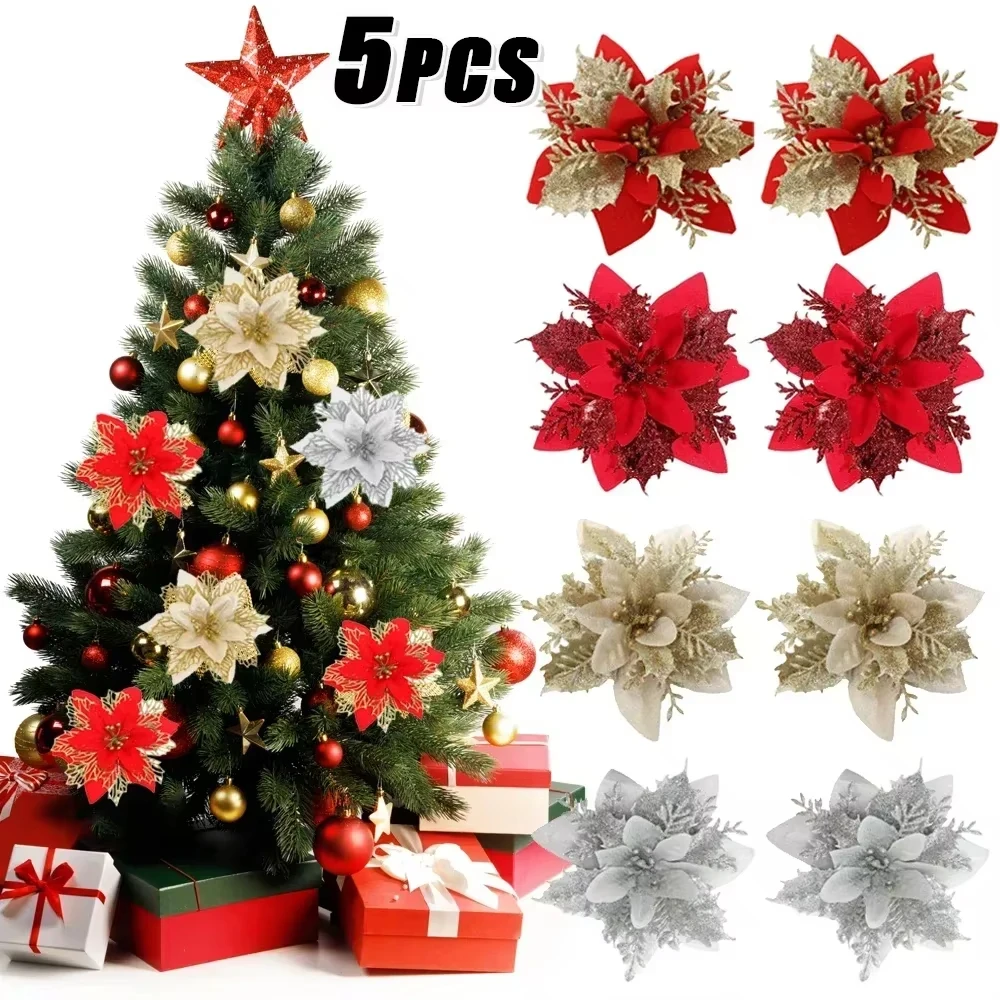 

Christmas Flowers Ornaments for Tree Red Ornaments Glitter Artifical Flowers Christmas Tree Xmas Decoration Home