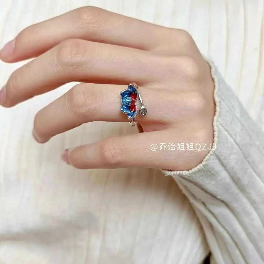 women cute Vintage lotus ring female S925 sterling silver index finger enamel color opening adjustable niche design lotus rings