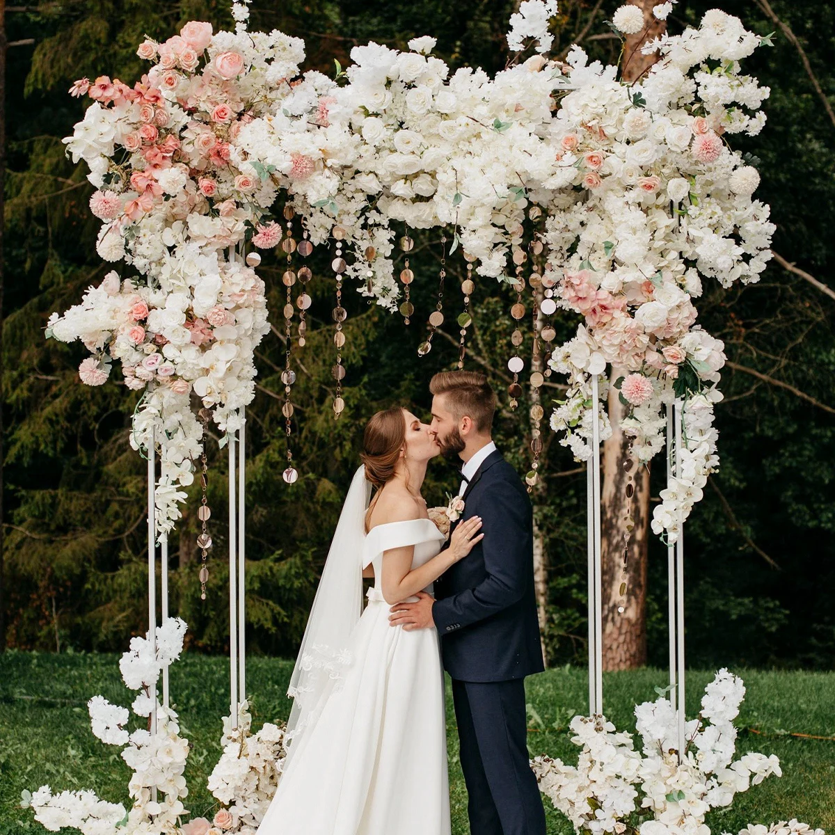 Square Wedding Arch with Flowers Bow Frame Chiffon Silk Ribbon For Wedding Birthday Decoration Baby Shower Backdrop