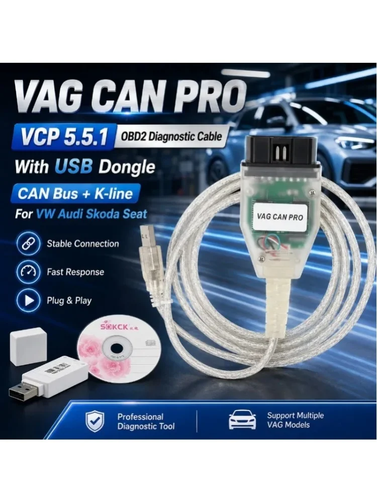 Auto-Diagnosegerät VAG CAN PRO VCP 5.5.1 OBD2-Kabel CAN-Bus K-Line-Schnittstelle mit USB-Dongle für VW Audi Skoda Seat Codierung Diagnose