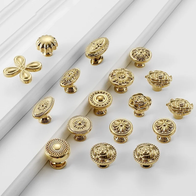 Luxury Brass Rose Flower Furniture Handle Bright Gold Round Cabinet Handles Door Drawer Knobs Kitchen Wardrobe Cupboard Pulls