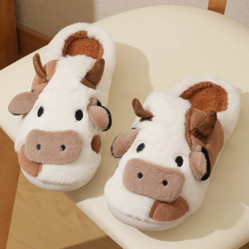 New Winter Cartoon Unisex Cow Warm Plush Slippers Couple's Indoor Non-slip House Slides Men and Women Toe Wrap Home Cotton Shoes