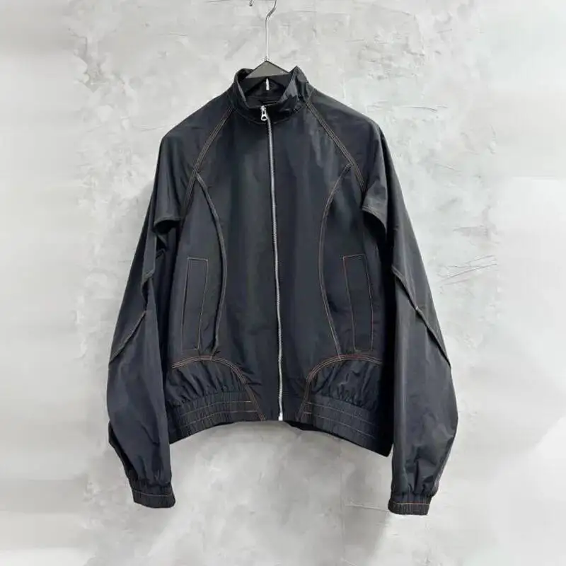 HKSH Spring New Men Tide Punk Contrast Color Short Stand Collar Jacket  Tailored Patchwork Sun-protective Outerwear Coat HK22102