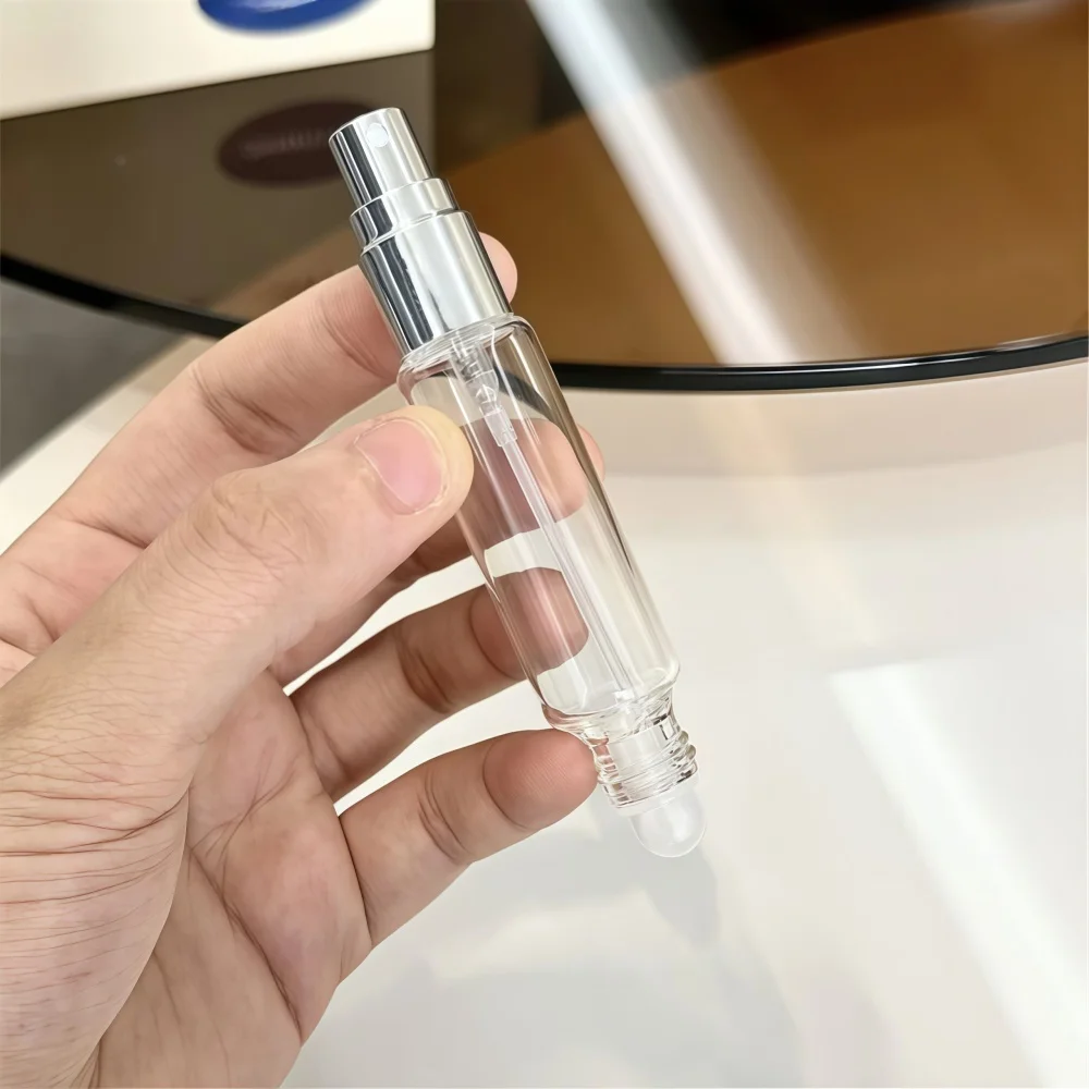 2PCS 10ml double head portable travel glass dispenser bottle, with spray and rolling design, ready to fill perfume travel