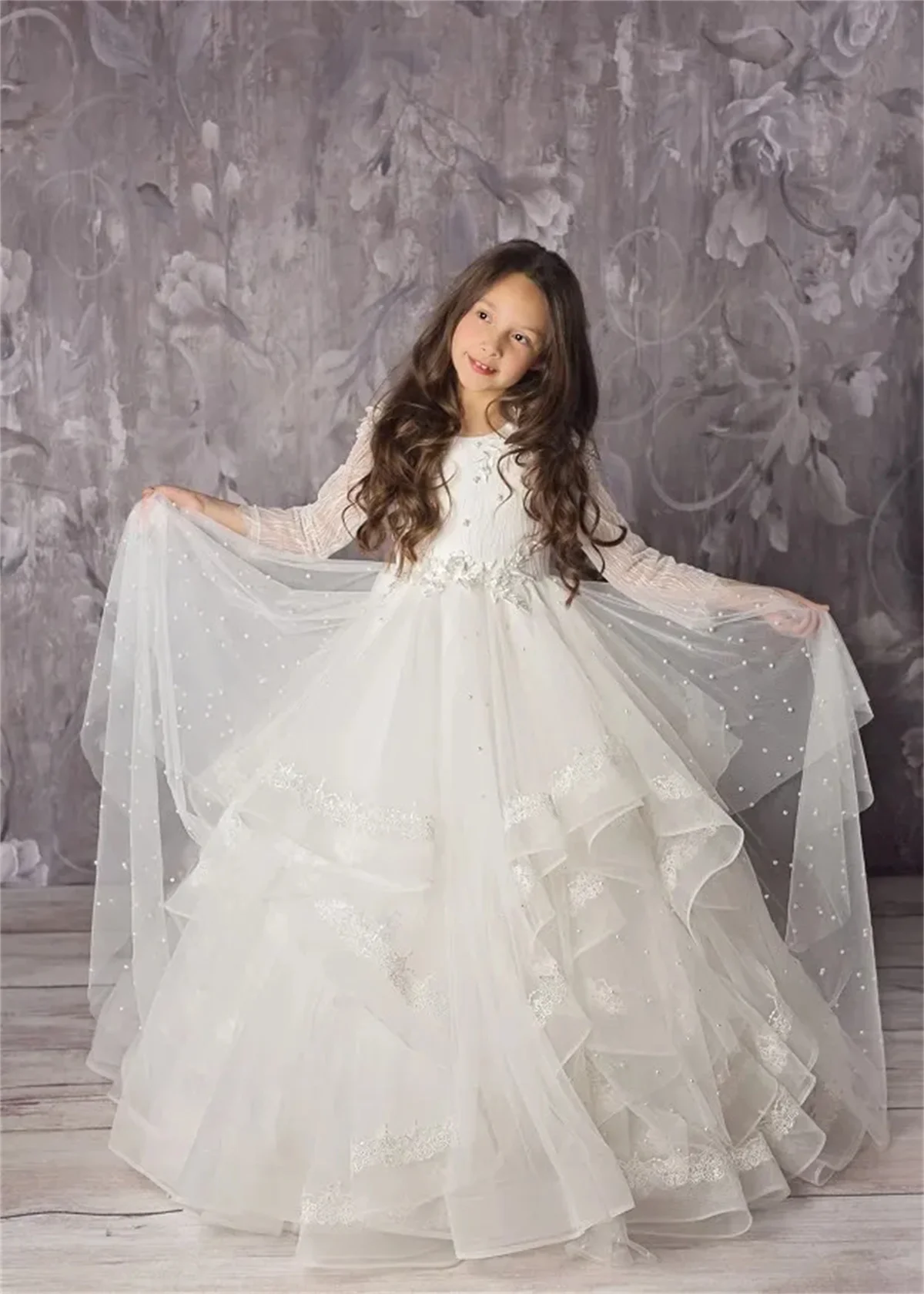 Vestido de flores para niña, calcomanía de encaje de tul esponjoso blanco, manga completa, boda elegante, vestido de flores para niños, primera comunión, reunión