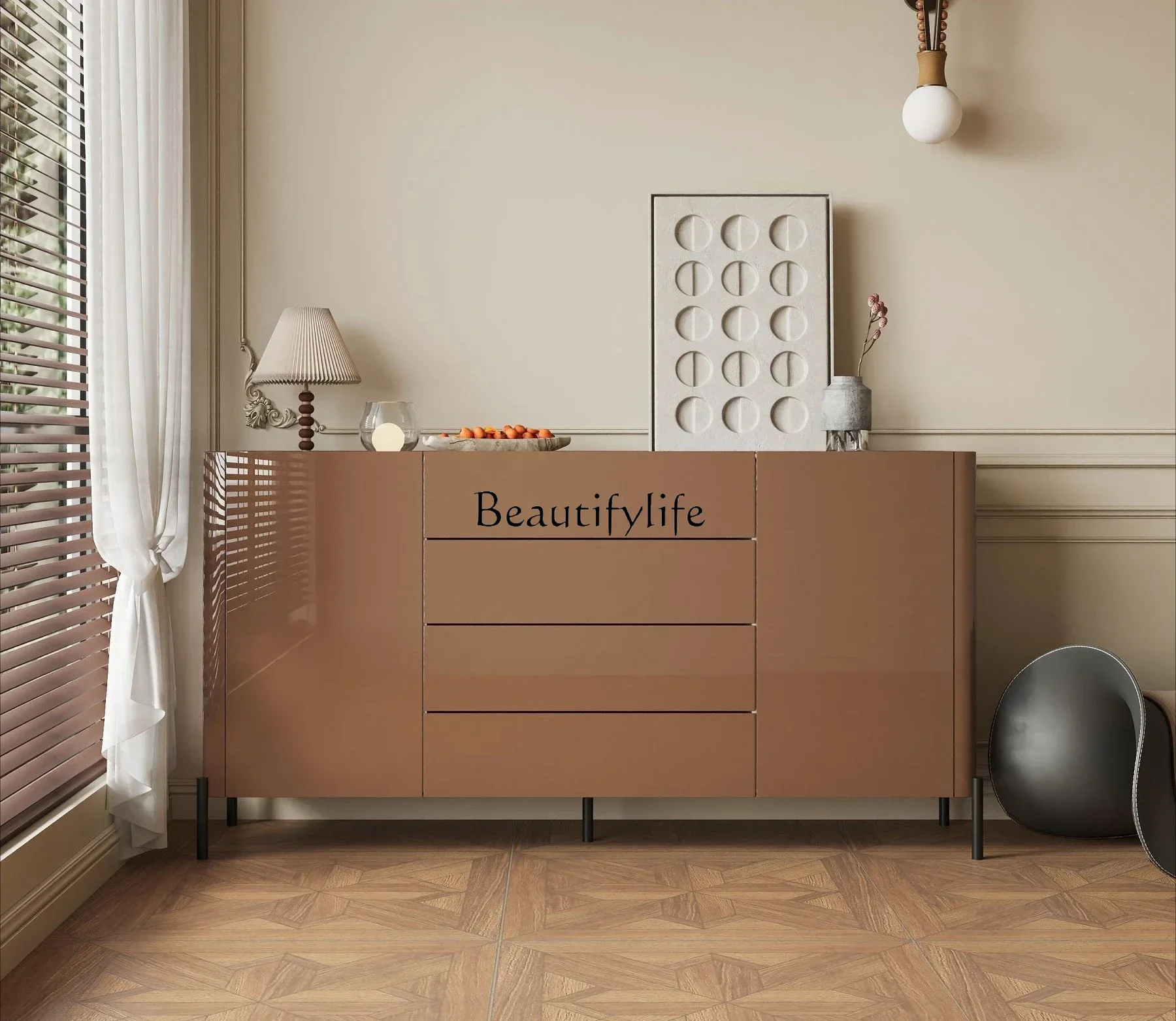 

LDMedieval style piano paint dining side cabinet light luxury high-end wall storage cabinet