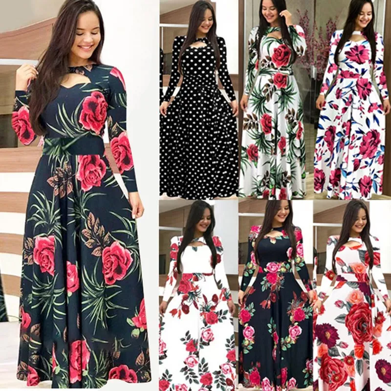 Flower Print Long Sleeve Maxi Dress Spring Autumn Casual Slim Sashes Long Dress Women Elegant Robe Party Dresses Plus Size S-5XL