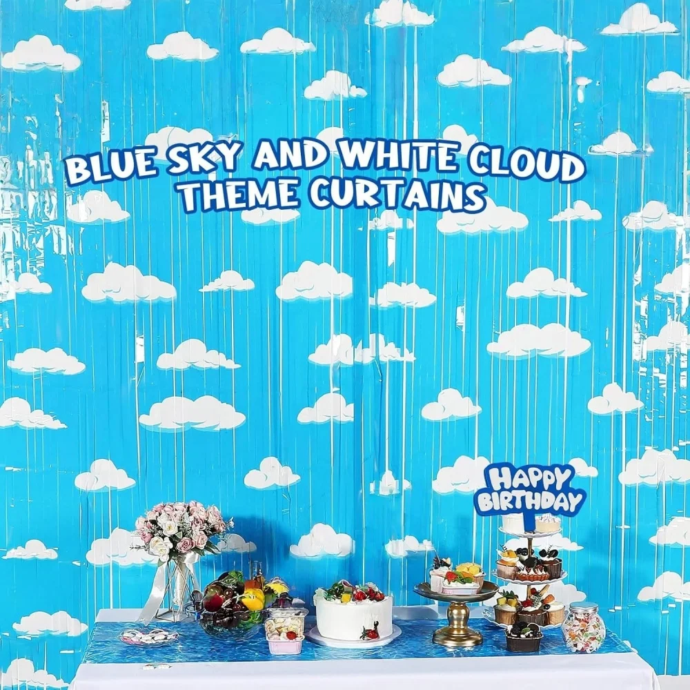 1/2/3/5/8 Stück Blauer Himmel Folien-Fransenvorhang, Weiße Wolken Hintergrunddekoration für Spielzeug-Geburtstag Cartoon-Story Party Dekorationen Zubehör – Detail 5
