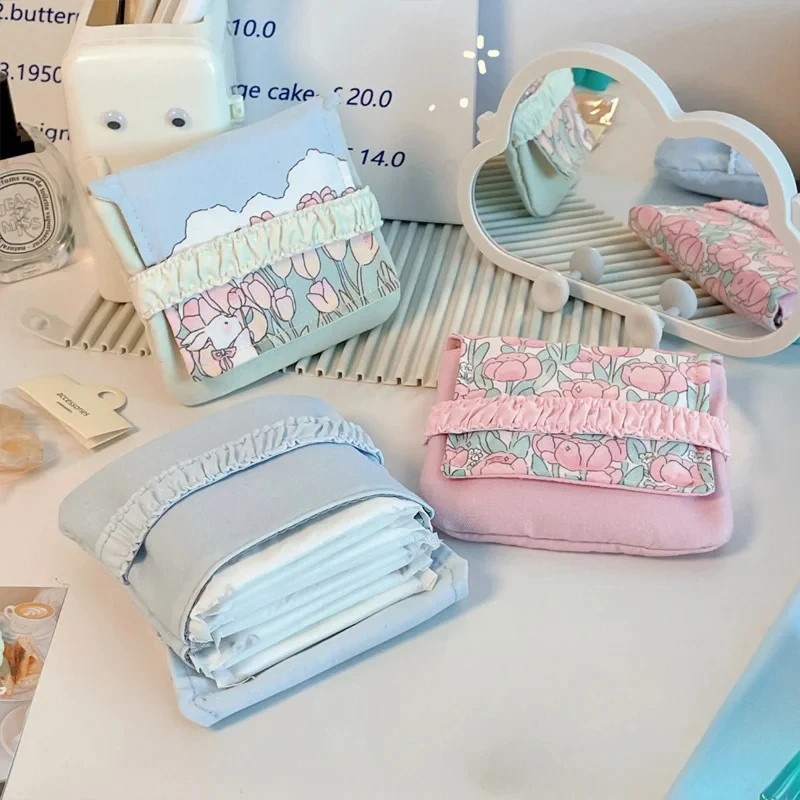 Women Portable Sanitary Napkin Tampon Storage Bag Cotton Travel Makeup Storage Bag Literary Cute Coin Purse Sundries Storage