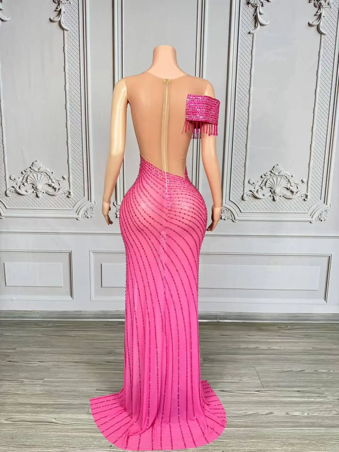 우아한 라인스톤 스플릿 롱 드레스 여성 섹시 메쉬 시스루 이브닝 파티 생일 드레스 촬영 무대 의상