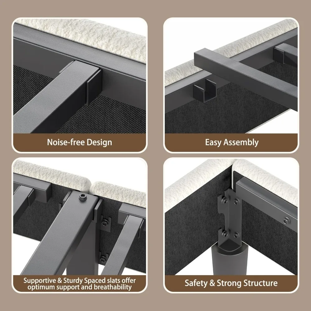 إطار سرير منجد مزدوج الحجم مع لوح رأسي، قماش بوكل ناعم، شكل سحابة مارشميلو، سرير مزدوج مريح وأنيق Fr