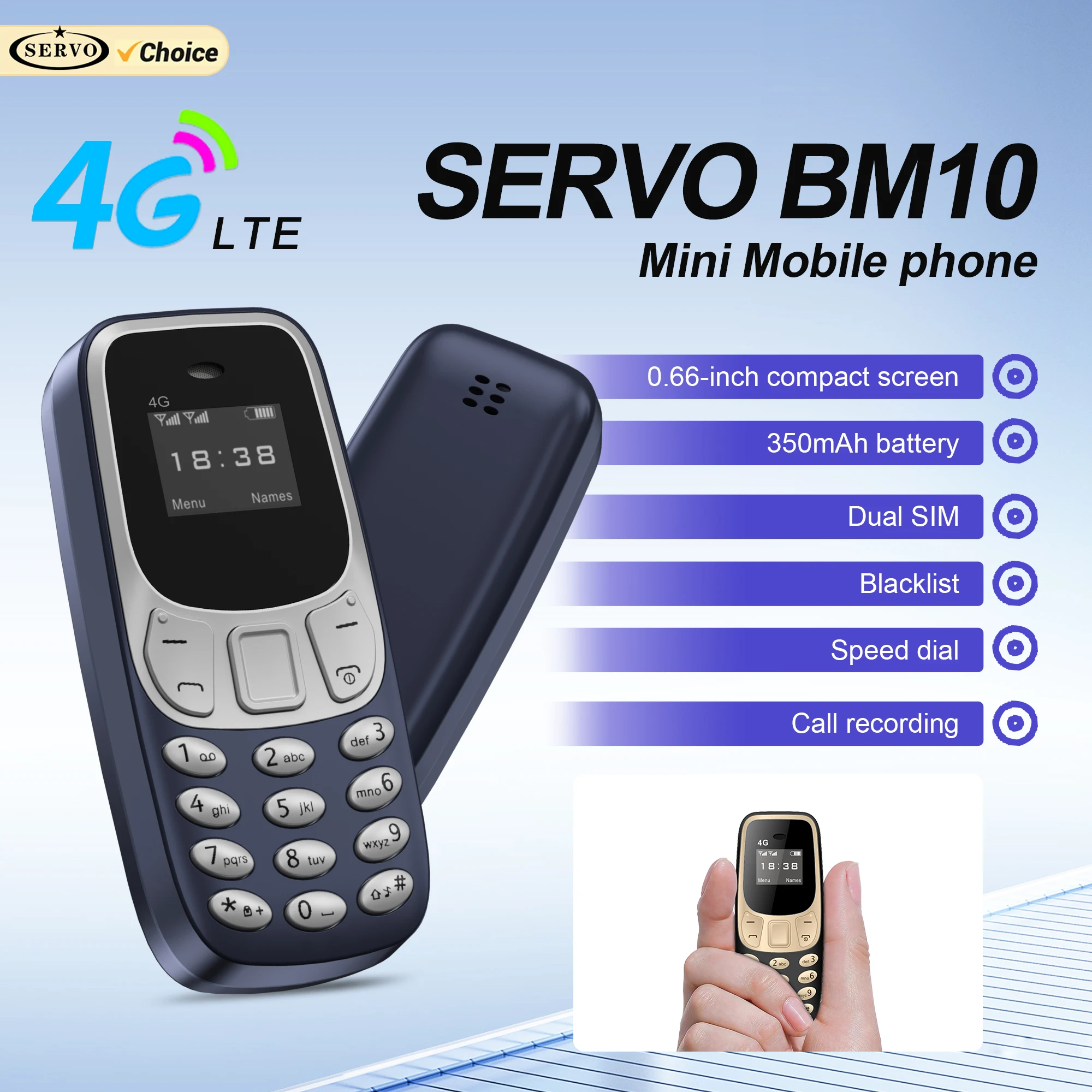 SERVO BM10 4G Mini Mobile Phone Call Recording Speed Dial Blacklist Alarm Clock Button Small Backup Cellphones Dual SIM Standby