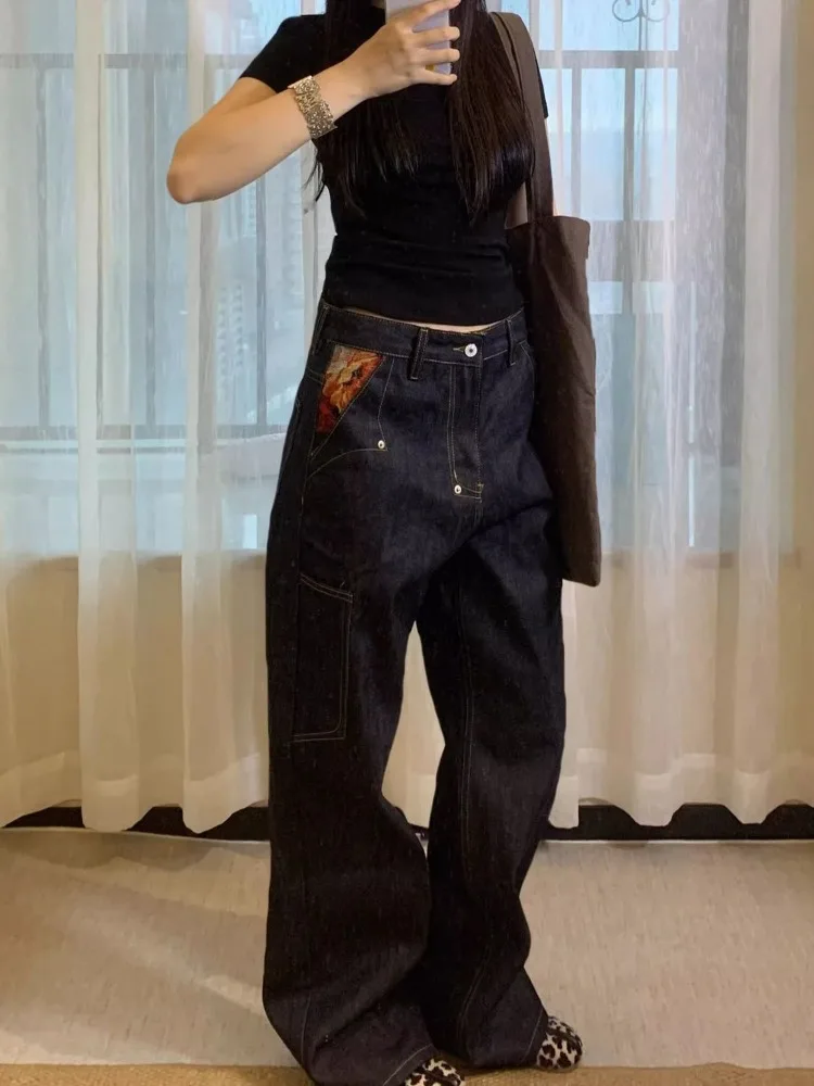 Women's Pocket Splicing Vibe Casual Pants Unisex Minimalist Style Bottoms Female Straight High Waist Wide Leg Retro Trousers