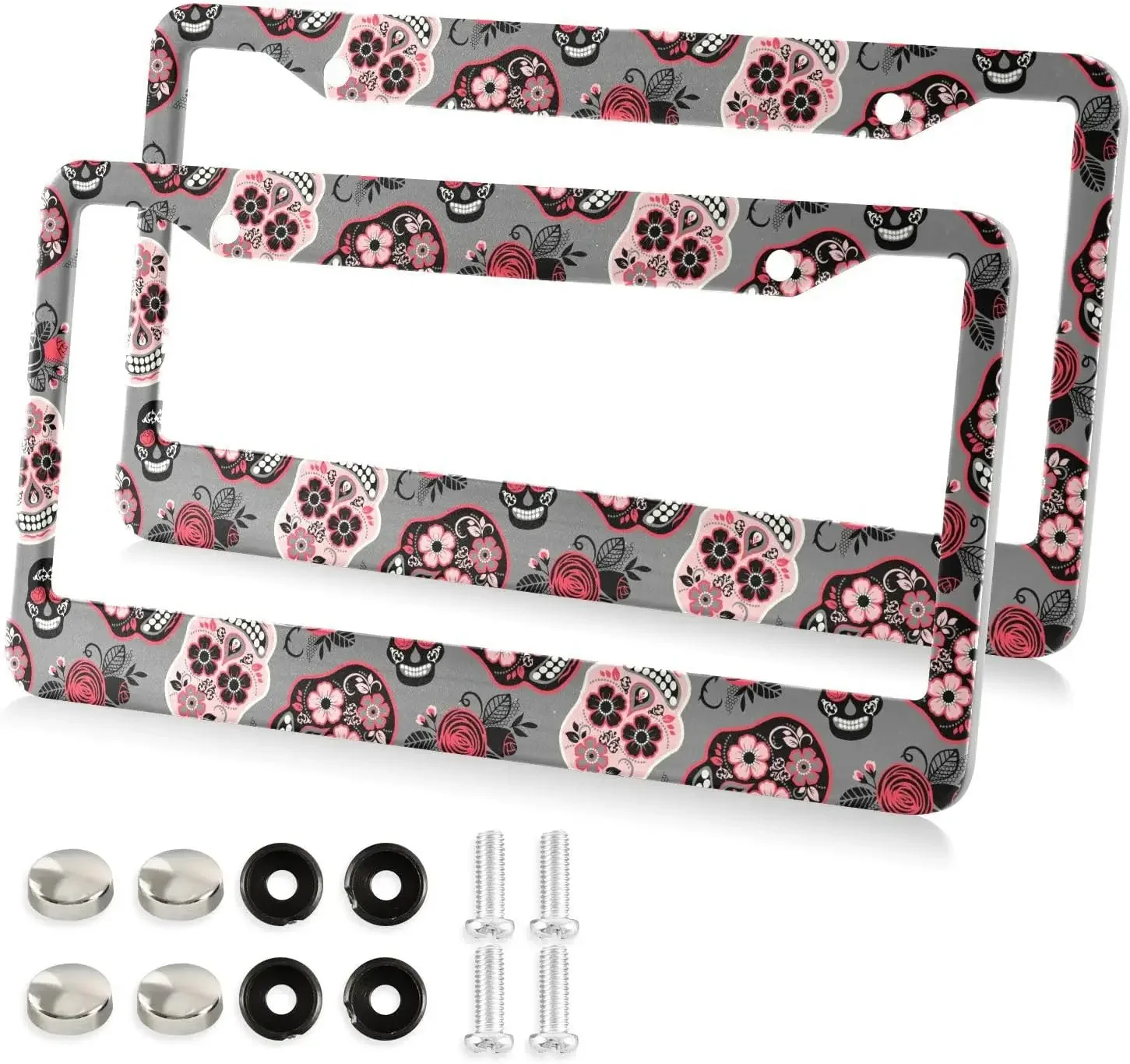 Cartoon Skull Floral Gray License Plate Frame 2 Pack License Plate Holder with 2 Holes Car Tag Frame for Women Men US Vehicles