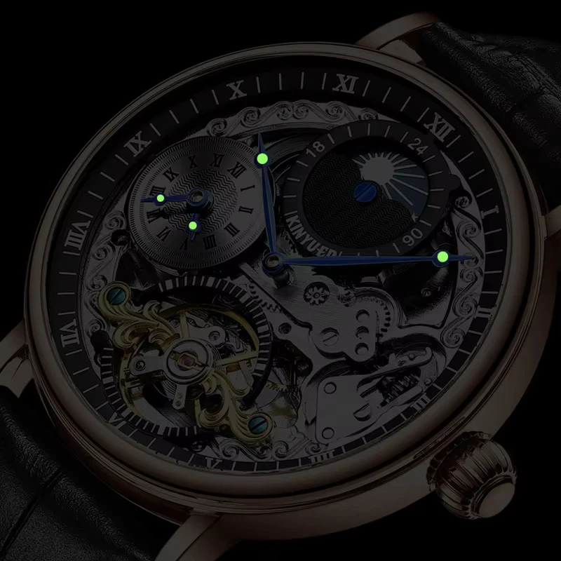 KINYUED Men Watches Automatic Mechanical Watch Dual Time Zone Tourbillon Clock Leather Waterproof Watch Men Military Wristwatch