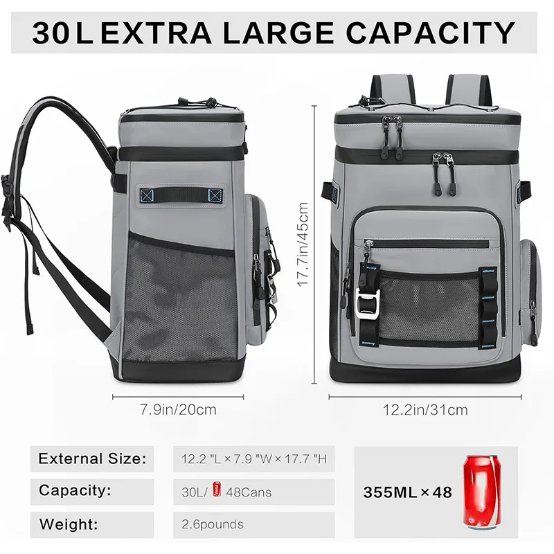 30L Insulated Cooler Backpack Waterproof Thermal Backpack Large Capacity Outdoor Camping Fishing Picnic Lunch Backpack Keep Food