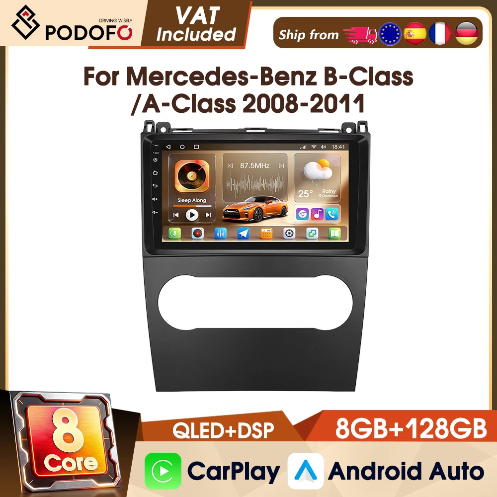 Podofo 4G, autoradio stereo con schermo da 9 pollici, sistema wireless CarPlay, processore a 8 core, compatibile con Mercedes-Benz Classe B/Classe A (2008-2011), Android Auto, 8+128 GB, WIFI, GPS,