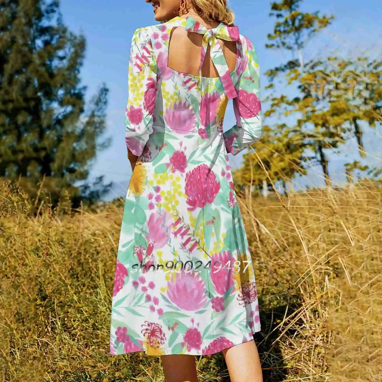 Australian Botanical Square Neck Dress Sweet Summer Dress Women Elegant Halter Print Dress Australia Australian Native