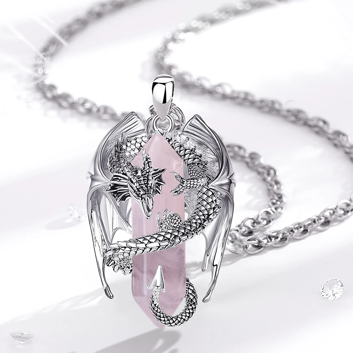 Eudora Dragon Twining Hexagonal Rose Quartz Prismatic Necklace Punk Healing Stone Rose Quartz Pendant Jewelry Gift for Man Women