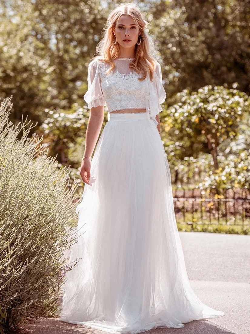 Boho A-Line Two Pieces Wedding Dress Short Puff Illusion Tulle Sleeves Lace Applique O-Neck Button Back Elegant Vestido De Novia
