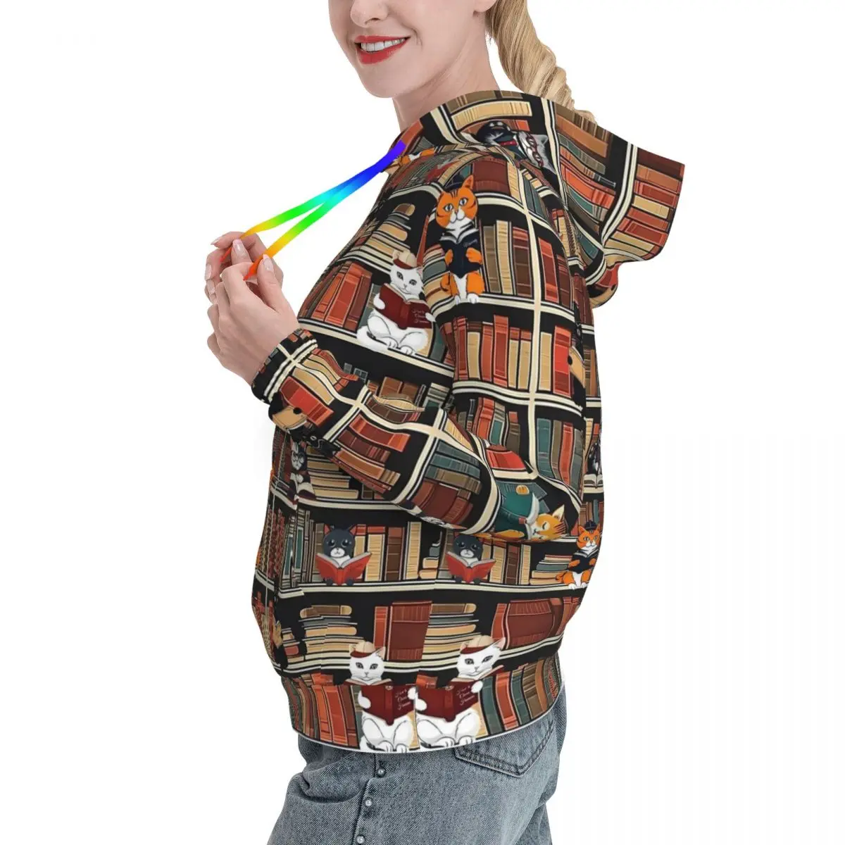 Library Cat Art Casual Hoodies ผู้หญิงแมวและหนังสือ y2k น่ารัก Hoodie ฤดูใบไม้ผลิ Street แฟชั่นการออกแบบเสื้อขนาดใหญ่ Top