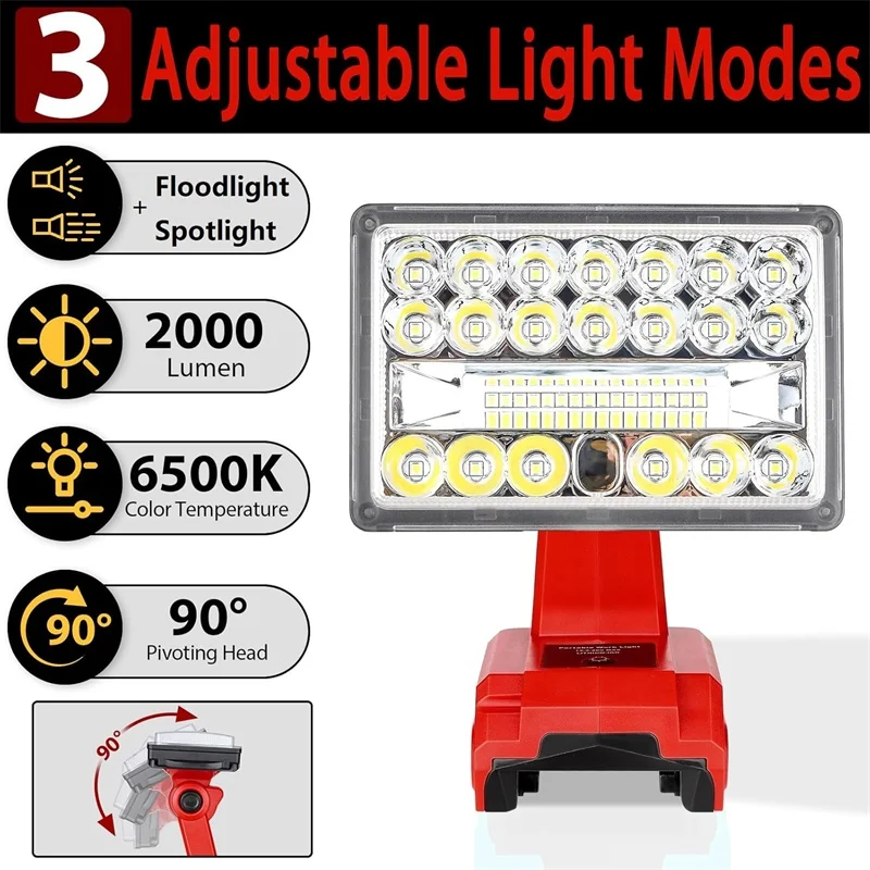 

2000LM Беспроводной светодиодный рабочий фонарь для Milwaukee, аккумулятор 18 В, портативный прожектор для наружного использования в помещении, прожектор и прожектор