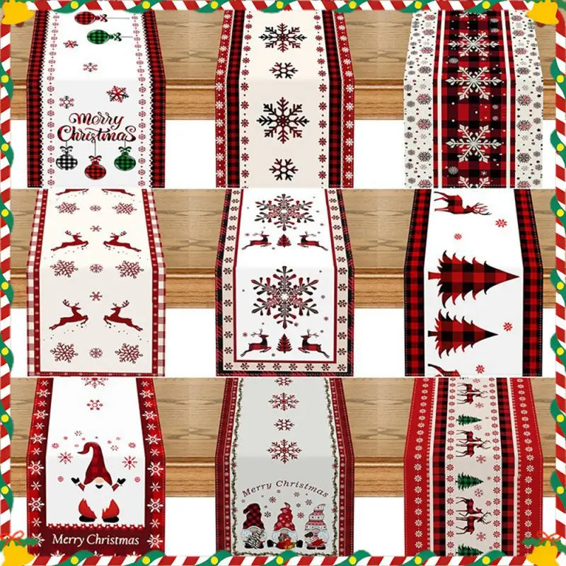 VIKAMA Christmas Table Runner, Snowflake Reindeer Gnome Buffalo Plaid Xmas Tree Dining Table Scarf, Party Decor