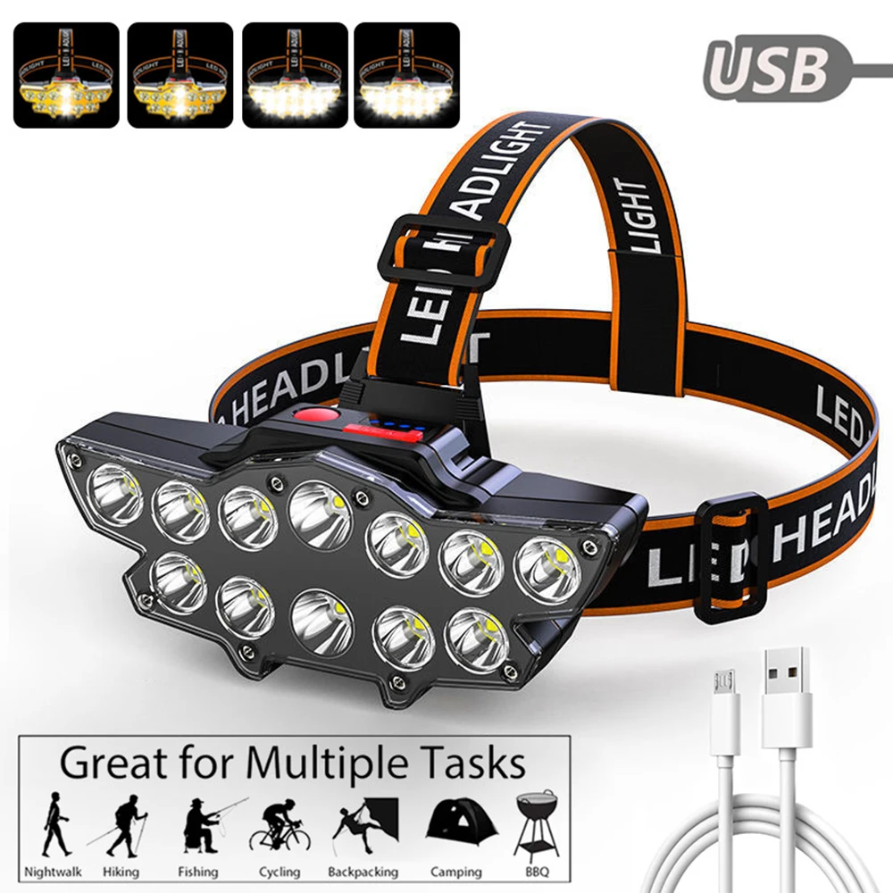 Outdoor Camping Headlamp 12LED Super Bright Headlight USB Rechargeable Headband Lamp Waterproof Head Wearing Lamp Head Torch