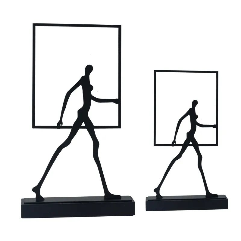 Home Decor Statues Metal Handicraft Abstract Wrought Iron Figures Square Frame Walking People Portrait Cropping Figurines Decor