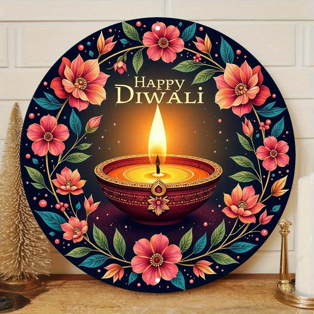 CIFBUY Festive Diwali Oil Lamp Sign, Aluminum Wall Art Waterproof Wear Resistant Metal Plaque for Home Office School Indoor Outd