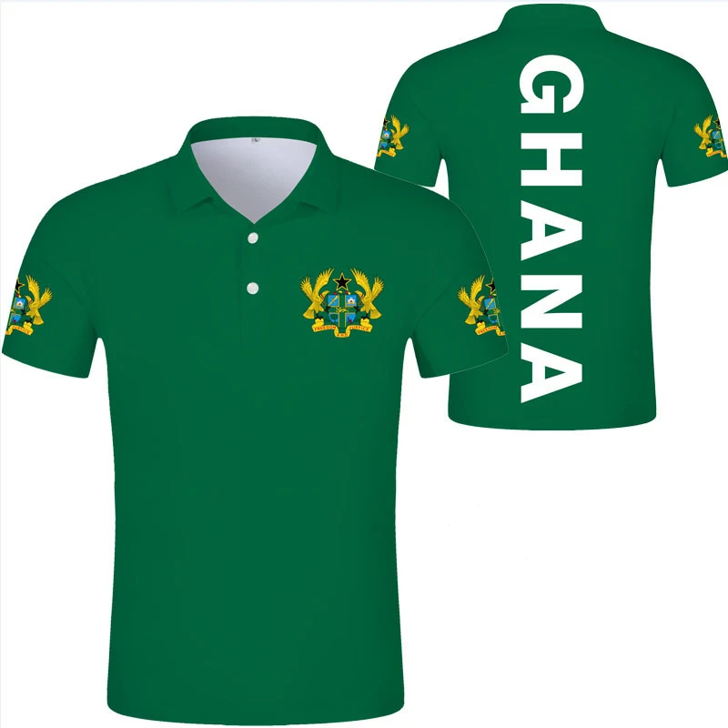 Gha العلم طباعة قميص بولو للرجال ، غا ، الشعار الوطني ، خريطة ، ملابس جرافيك ، جمهورية ، كلية ، أفريقيا ، عارضة ، رياضة ، ملابس الشارع