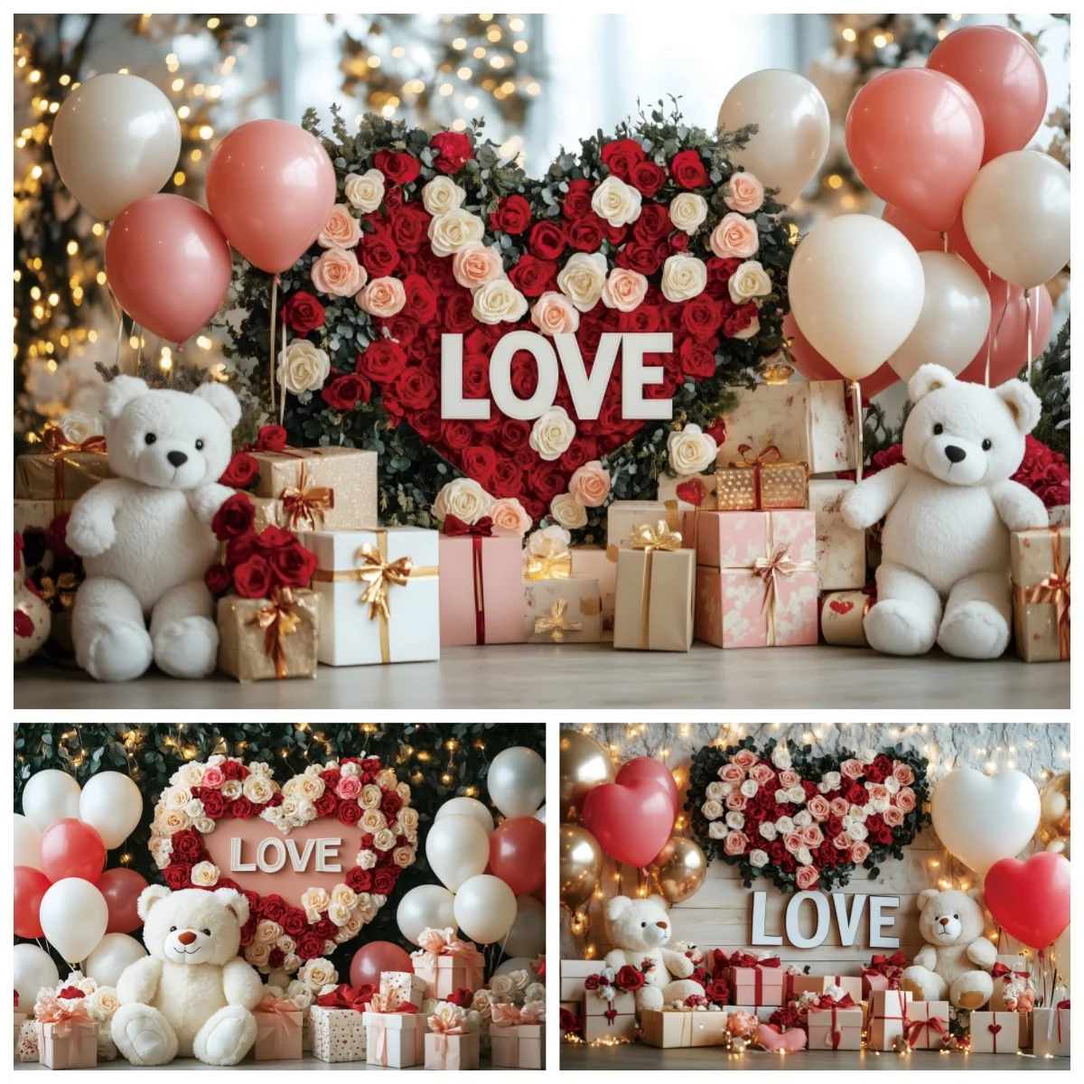 Valentine's Day Decoration Photography Backdrop Brick Wall Teddy Bear Love Flower Gift Wedding Party Portrait Photo Background