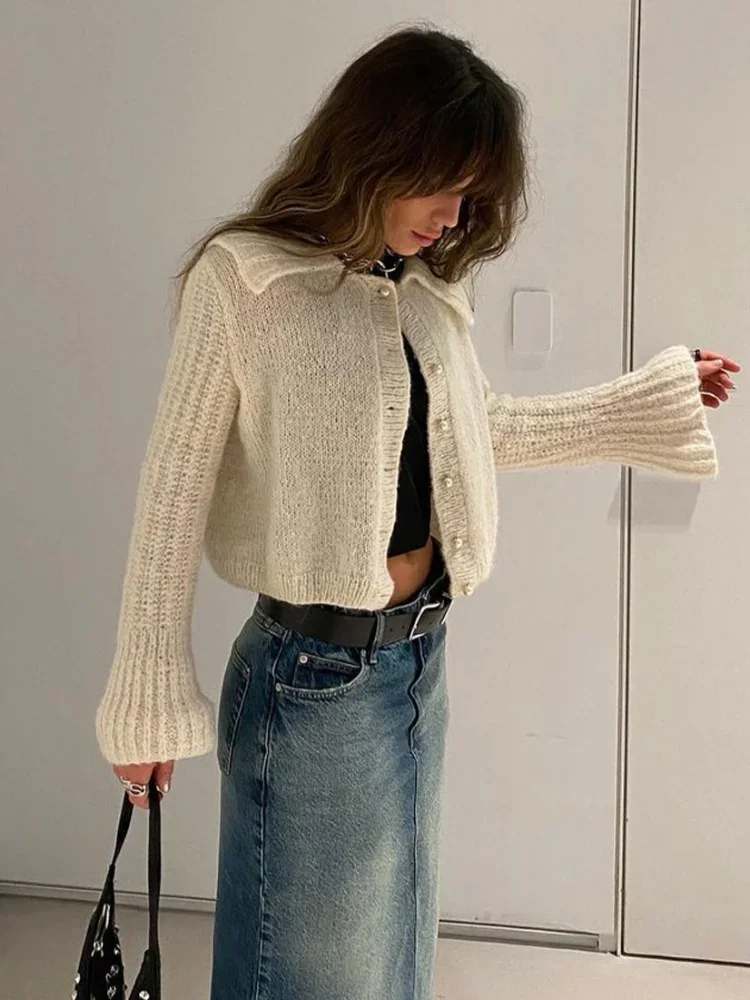 Fashion Long Flared Sleeve Lapel Women\'s Cardigan Single Breasted Solid Color Knitted Sweater New Warm Female Commute Streetwear