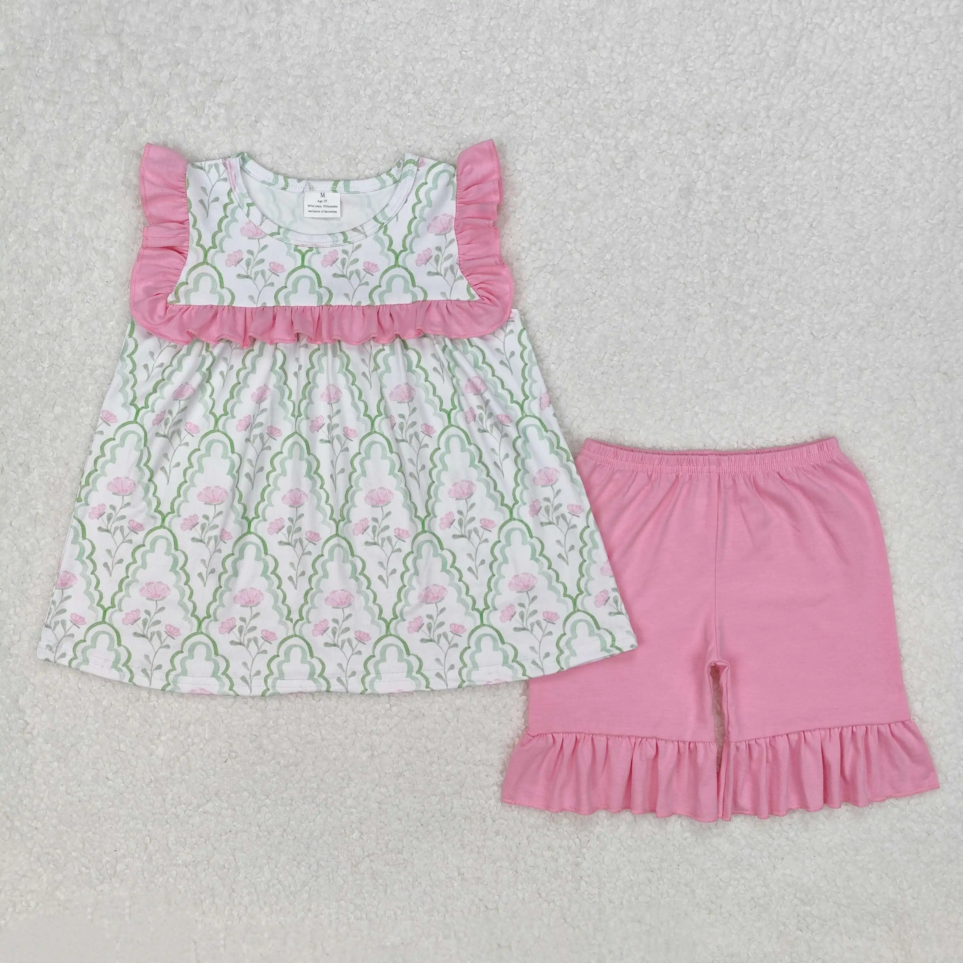 

3.8 y New stock new girls summer suits wholesale boutique flower leaf pattern green plaid pink sleeveless shorts set
