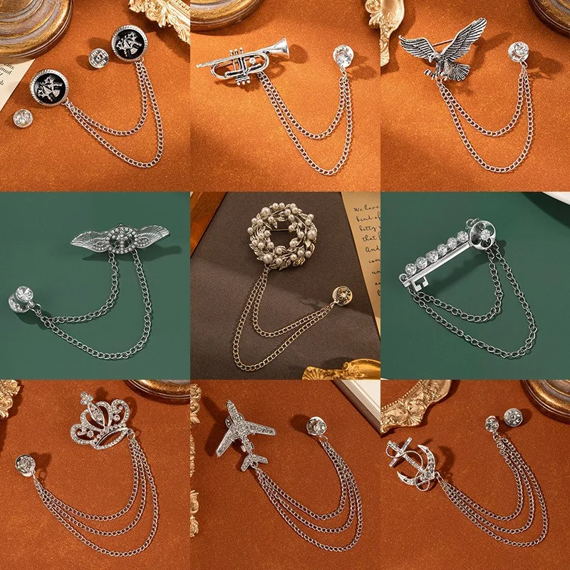 

Vintage Crystal Crown Tassel Chain Brooch For Women Luxury Rhinestone Suit Lapel Pin Fashion Jewelry Accessories