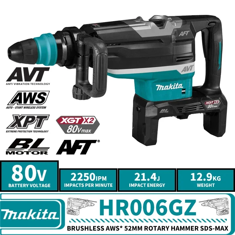 Makita HR006GZ Brushless Cordless AWS* 52mm Rotary Hammer SDS-Max XGT 80V 40V*2 Lithium Power Tools 2250IPM 21.4J