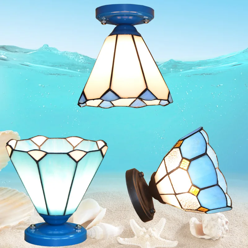Pastoral Mediterranean Tiffany Style Chandelier Creative Blue Small Pendant Light for Aisle Hallway Balcony Porch Bar Bay Window