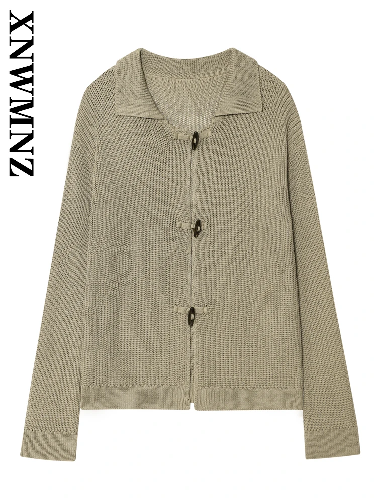 

XNWMNZ 2025 осенние женские повседневные вязаные блузки с отложным воротником для поездок на работу, простая модная женская одежда, винтажный топ с длинными рукавами