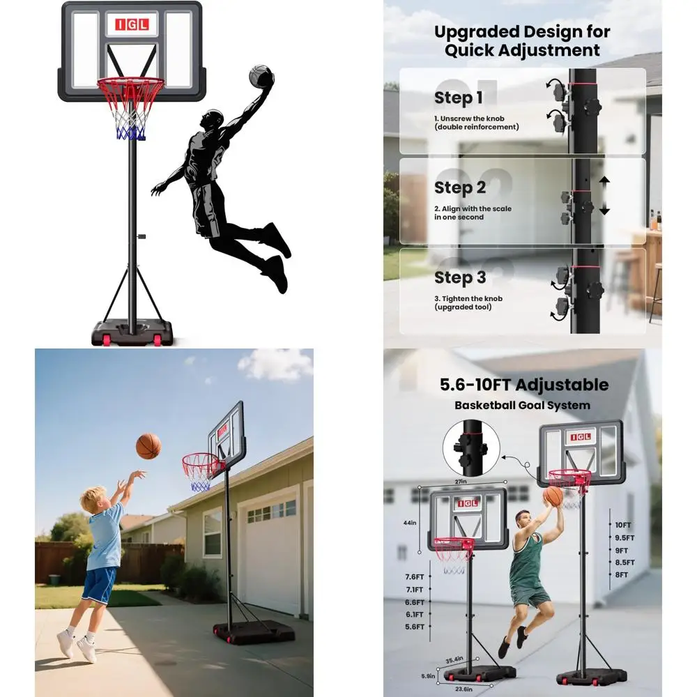Portería de baloncesto ajustable para exteriores de 10 pies con tablero inastillable de 44 pulgadas y funciones de ajuste de altura